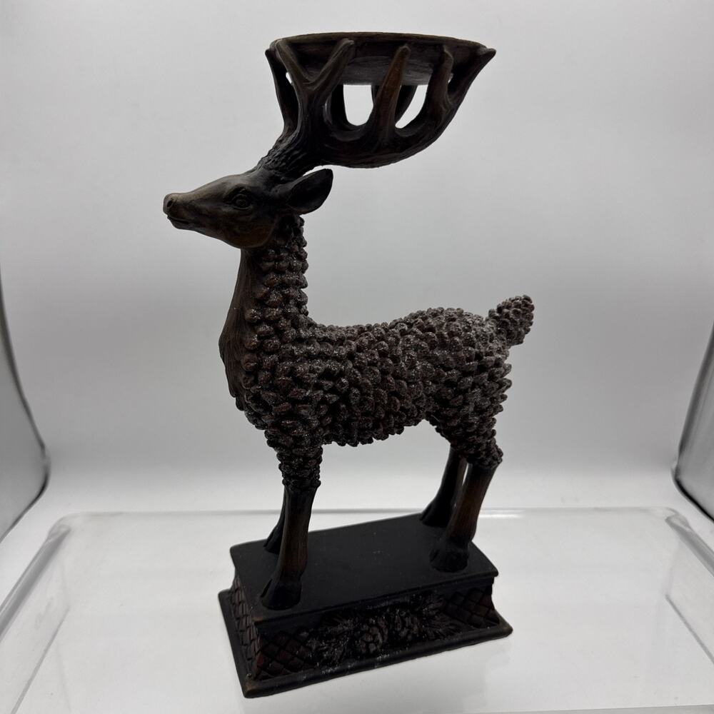 12.4 Inch Snowy Deer Pillar Holder - Pinecone Coat